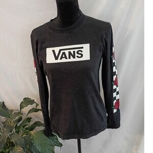 Vans‎ Womens Long Sleeve Graphic Tee Black Rose Checkerboard Logo Shirt Small